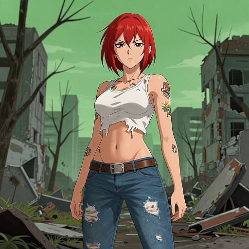 Digital anime-style drawing of a red-haired, tattooed woman with a lean, toned physique, wearing a torn white tank top and ripped jeans, standing