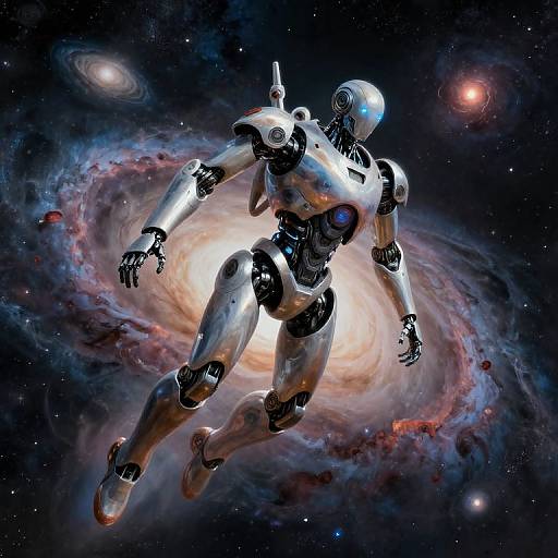 Digital artwork of a silver, humanoid robot floating in space, surrounded by a glowing spiral galaxy and distant stars.