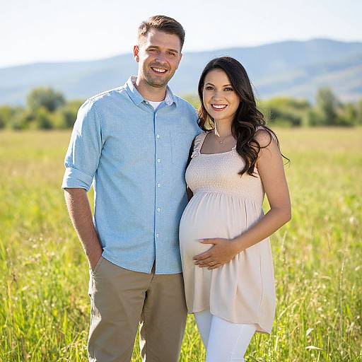 Photograph of a smiling pregnant couple standing in a sunny, green meadow; man in light blue shirt, beige pants; woman in white dress,