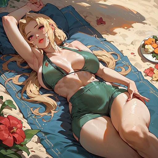 Anime Woman Relaxing on Beach Towel