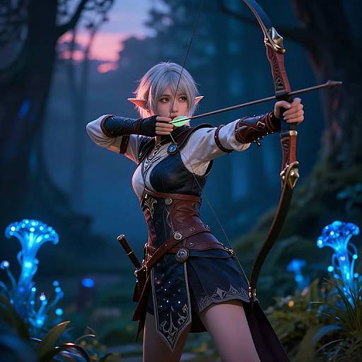 Digital art of a pale-skinned, silver-haired elf archer with pointed ears, wearing a black vest and skirt, drawing a bow in a mystical