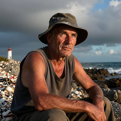 Photograph of a weathered, middle-aged man with sunburnt skin, wearing a dark tank top and hat, sitting on a rocky seaside,