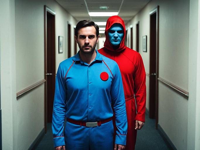 Photograph of two men in a hallway: one in blue with a red circle, the other in red hooded outfit, standing behind. Bright,