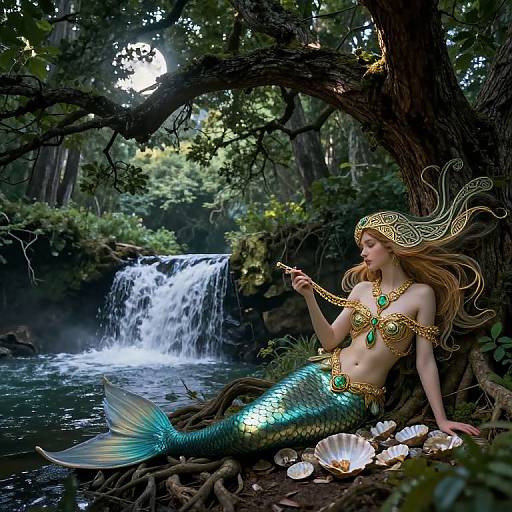 Digital art of a mermaid with golden headpiece, green scales, and green jewels, sitting by a forest waterfall, surrounded by shells.