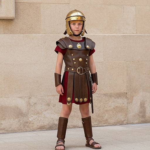 Photograph of a young child dressed as a Roman soldier, wearing a golden helmet, brown leather armor, and sandals, standing against a beige stone wall