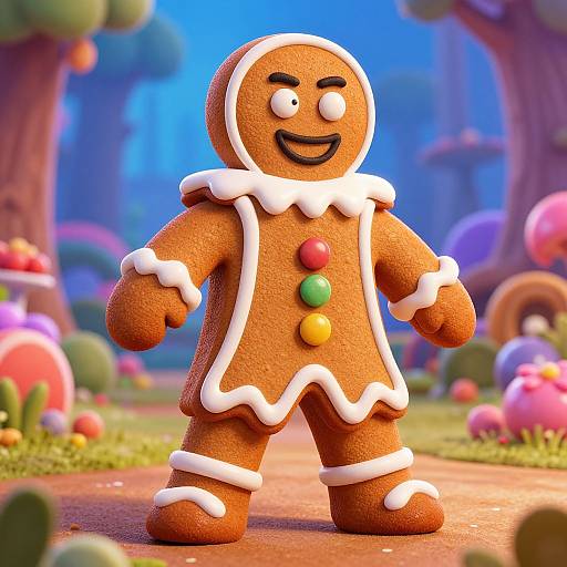 CGI image of a cheerful gingerbread man with white icing, colorful buttons, and a smiling face, standing in a vibrant, colorful forest.