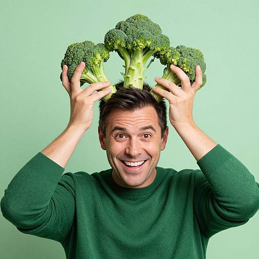 Playful Man with Broccoli Headgear