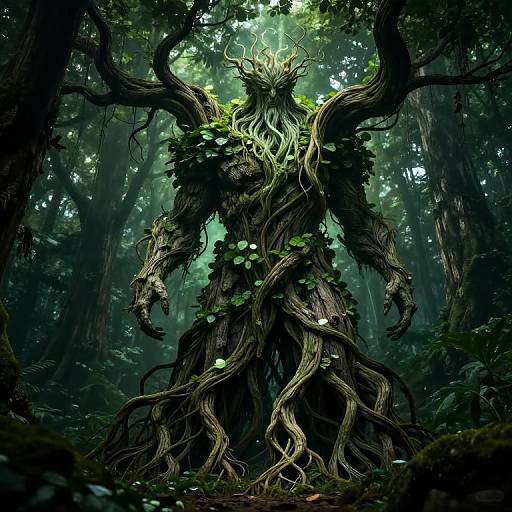 Digital illustration of a tree-like creature with twisted, bark-covered limbs, glowing green leaves, and an eerie, faceless head in a dark, mist