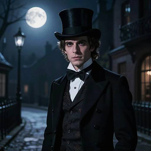 Photograph of a young man in a black top hat, Victorian suit, and bow tie, standing at night under a bright full moon in a dark