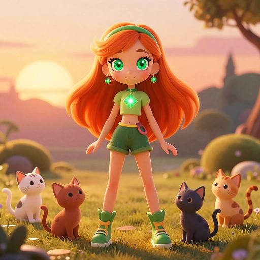 Sunset Fairy Girl Surrounded by Kittens