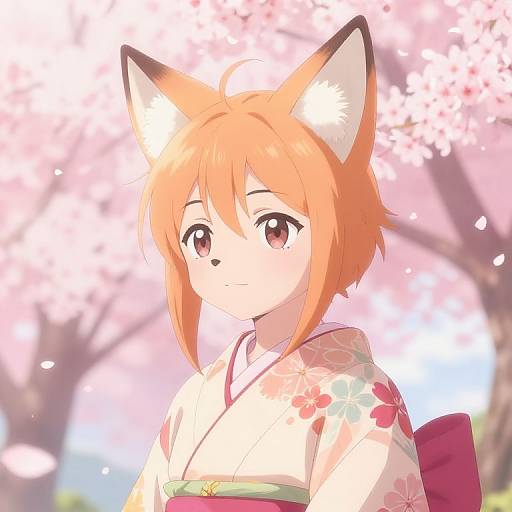 Anime-style digital drawing of a cute, orange-haired girl with fox ears wearing a floral kimono, standing in a cherry blossom background.