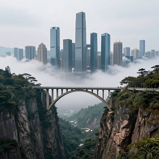 Photograph of a cityscape with skyscrapers partially obscured by mist, framed by a stone arch bridge over a deep, rocky canyon.
