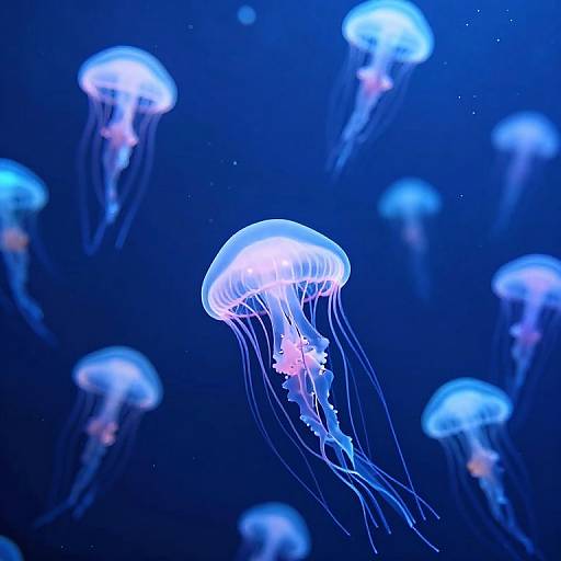 Photograph of glowing blue jellyfish with translucent, bell-shaped bodies and long, flowing tentacles, floating in a deep, dark blue ocean background.