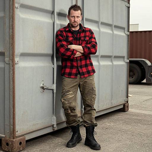 Photograph of a bearded man with short brown hair, wearing a red plaid shirt, green cargo pants, and black boots, leaning against a