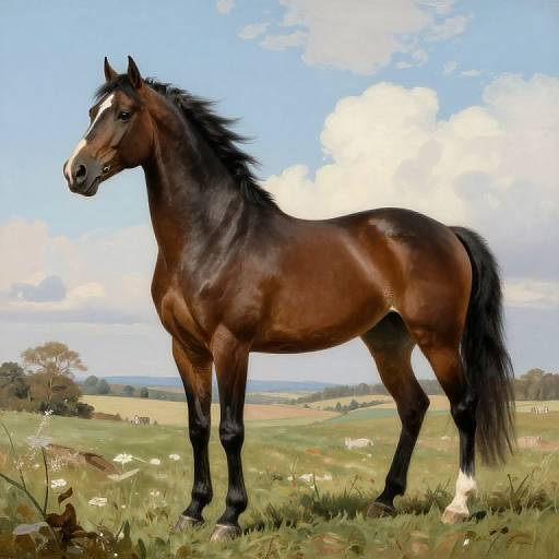 Photograph of a muscular, dark brown horse with a black mane and tail, standing in a sunlit, grassy field with white wildflowers and