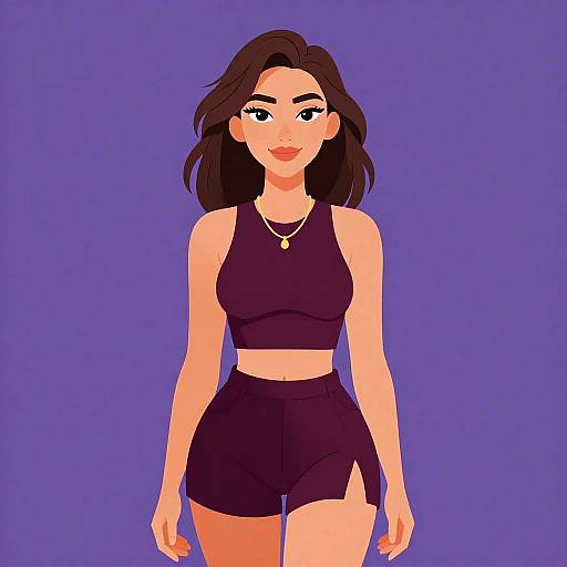 Digital drawing of a confident woman with dark brown hair, wearing a black sports bra and high-waisted shorts, against a solid purple background. She