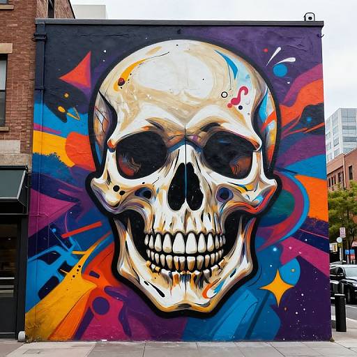Vibrant street mural of a large, detailed skull with colorful splashes in orange, blue, purple, and yellow on a black wall. Urban