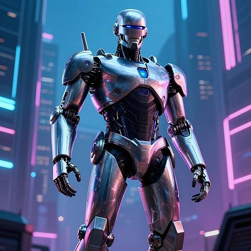 Photorealistic CGI of a sleek, silver robotic warrior with glowing blue chest panel, standing in a neon-lit futuristic cityscape.