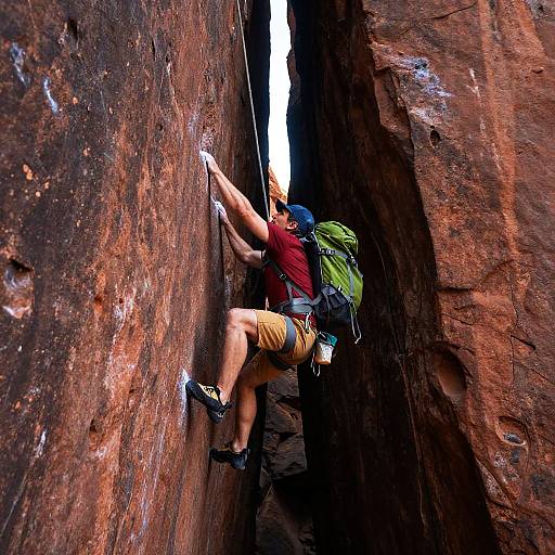 Intense Rock Climber Mid-Jump Action