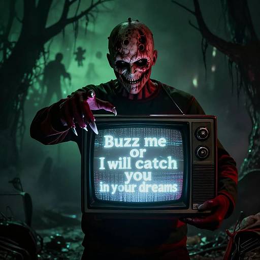 A terrifying, skull-faced monster in a dark forest holds an old TV screen with eerie green-blue text: 