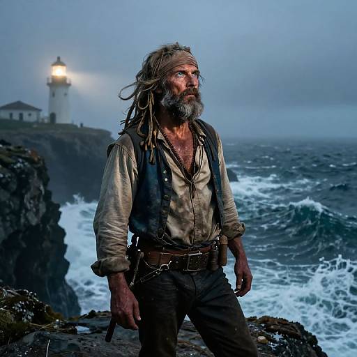 Photograph of a rugged, bearded man with long dreadlocks standing on a rocky coast at dusk, wearing a tattered shirt and vest, with