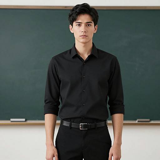Photograph of a young man with short black hair, wearing a black button-up shirt and black pants, standing in front of a green chalkboard.