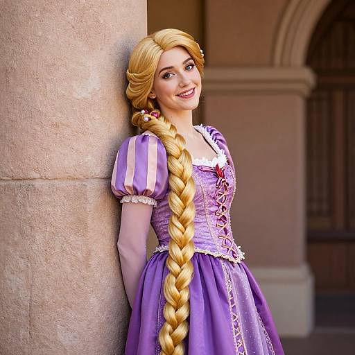 Photorealistic CGI of a smiling, blonde-haired woman with a long braid, wearing a purple, puffed-sleeve, corseted