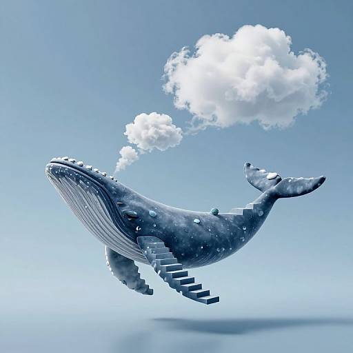 Digital art of a blue, pixelated whale with stairs on its back, floating in a clear blue sky with a single white cloud.