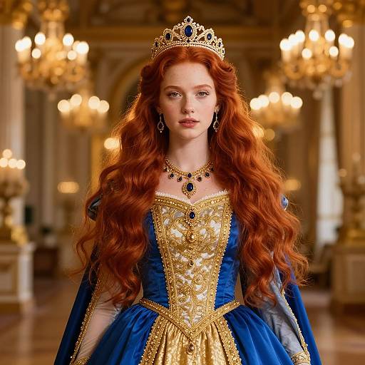 Photograph of a fair-skinned, red-haired woman in an ornate blue and gold royal gown, wearing a jeweled tiara, necklace,