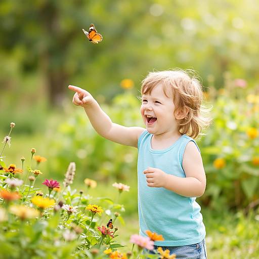 Photograph of a laughing, light-brown-haired toddler in a blue sleeveless shirt, pointing at a vibrant orange butterfly in a sunlit, colorful