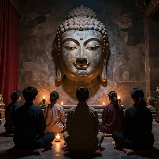 Serene Buddha Gathering in Dim Room
