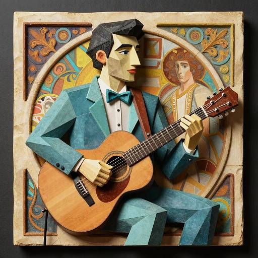 3D Cubism Guitarist Macro Photo