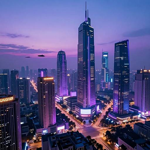 Photograph of a futuristic cityscape at dusk, featuring illuminated skyscrapers with purple and blue lights, busy streets, and a vibrant, colorful sky