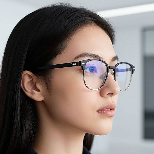 Photograph of an Asian woman with fair skin, black hair, and black-framed glasses, gazing forward in a brightly lit room.