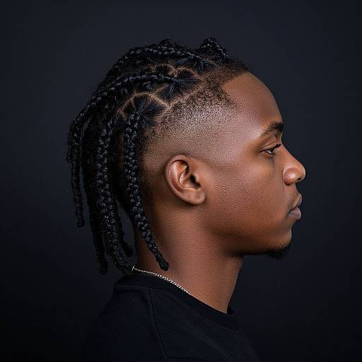 Photograph of a dark-skinned man in profile, showcasing short, braided hair with twists, wearing a black shirt against a black background.