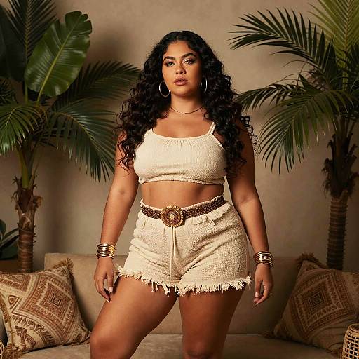 Photograph of a curvy, dark-haired woman with long curls, wearing a white crocheted crop top and high-waisted shorts, accessor