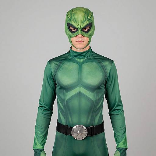 Photograph of a person in a green, form-fitting superhero costume with a green mask, black eye mask, and silver belt buckle.