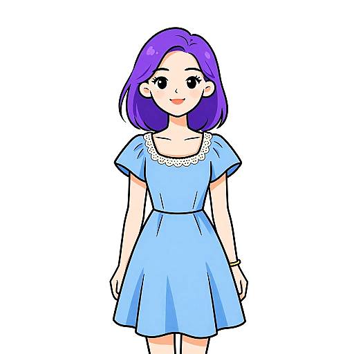 Digital anime-style drawing of a smiling woman with purple hair, wearing a light blue dress with white lace trim, standing against a plain white background.