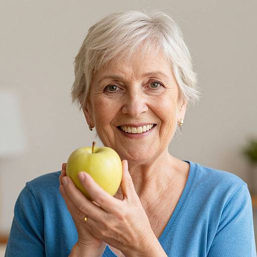 Photograph of smiling elderly woman with short white hair, wearing blue sweater, holding a yellow apple close to her face.