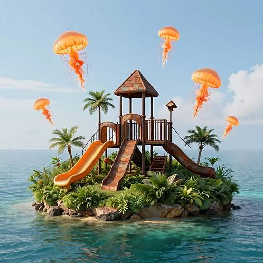 Surreal Island with Floating Jungle Gyms