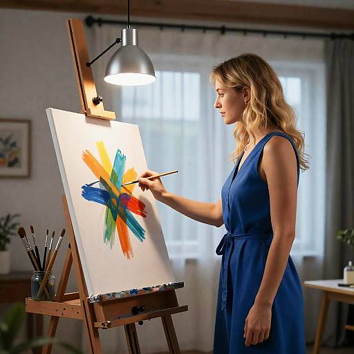 Blonde Artist Painting Abstract in Indoor Setting