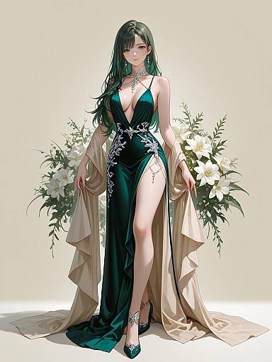 Digital anime-style drawing of a beautiful woman with long black hair, wearing a deep green, low-cut, slit dress with floral embroidery, and beige sh