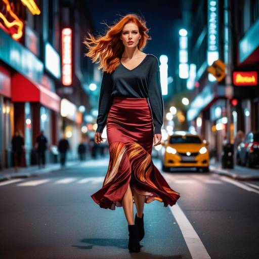 Red-haired woman walking in city street at night