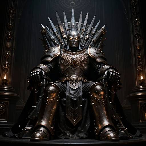 Digital art of a dark, armored, robotic king with spiked crown, seated on a grand throne in a dimly lit, gothic chamber.