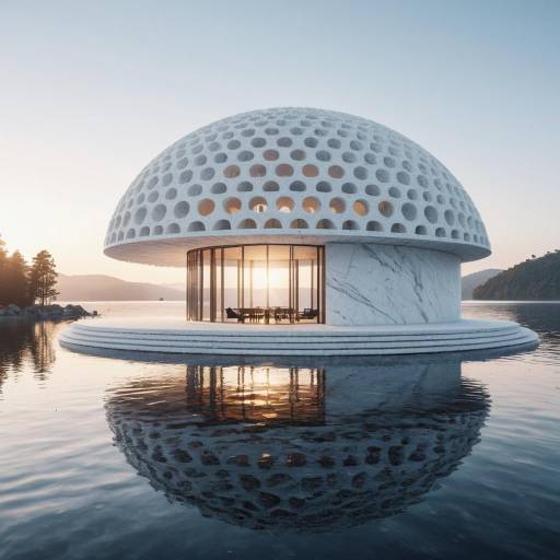 Futuristic Dome Building on Calm Lake at Sunrise