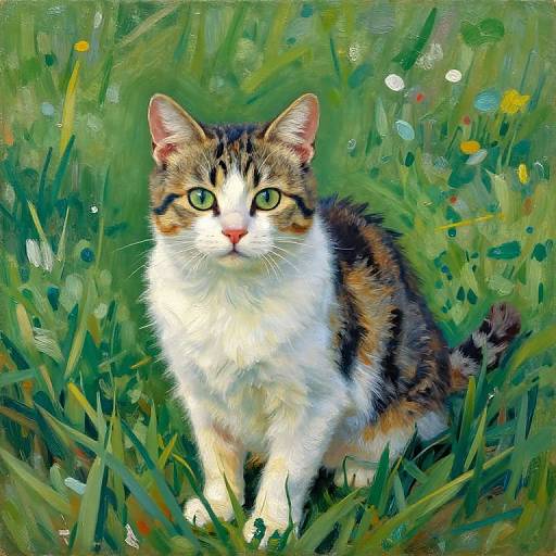 Oil painting of a tabby cat with white chest and green eyes, standing in a vibrant, grassy field with small flowers.