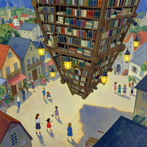 Whimsical digital painting of a village square with a giant, wooden bookshelf filled with colorful books, people walking below, and warm lanterns glowing