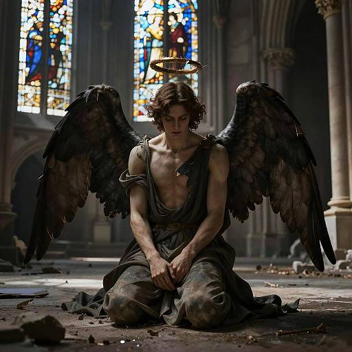 Photograph-like digital artwork of a melancholic, winged angel with dark feathers, halo, and tattered gray robe kneeling in a dimly lit