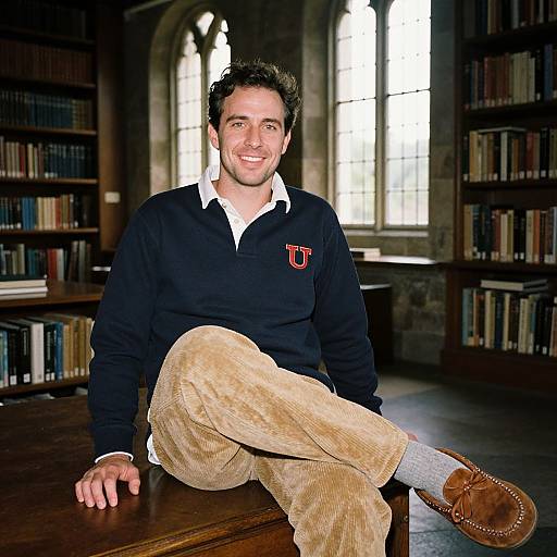 Photograph of a smiling man with dark hair, wearing a navy sweater with red 