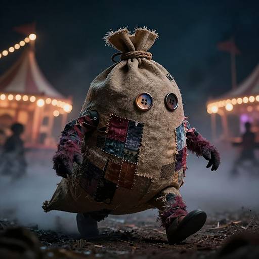 Photograph of a stitched, burlap sack puppet with buttons for eyes, walking at night in a foggy circus setting.